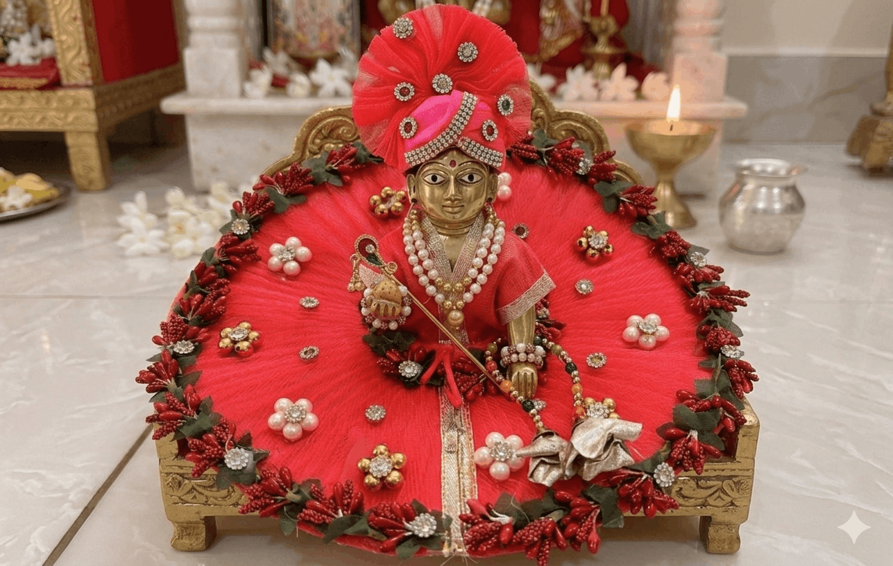Red Net Dress with Flower Border Set for Ladoo Gopal Ji
