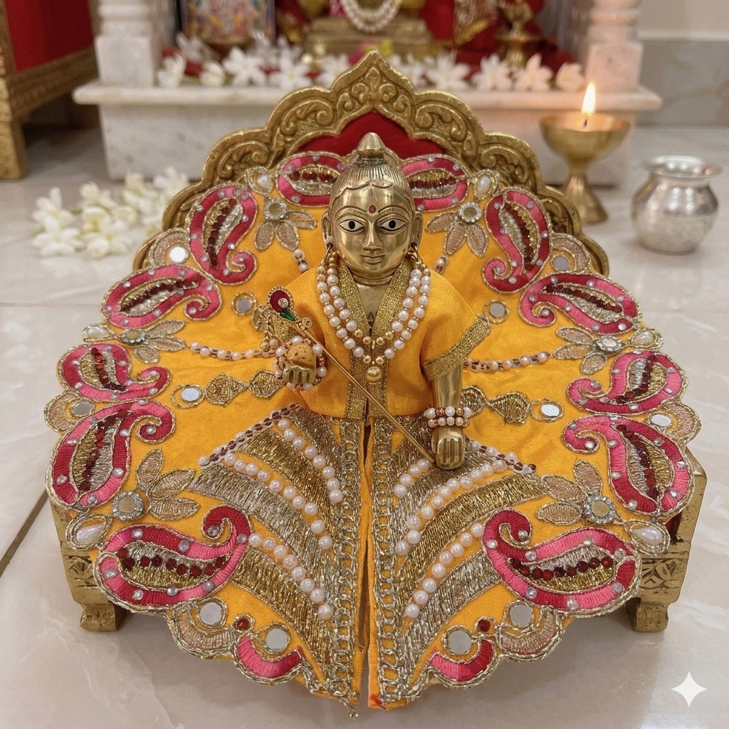 Radiant Yellow & Pink Paisley Ladoo Gopal Poshak