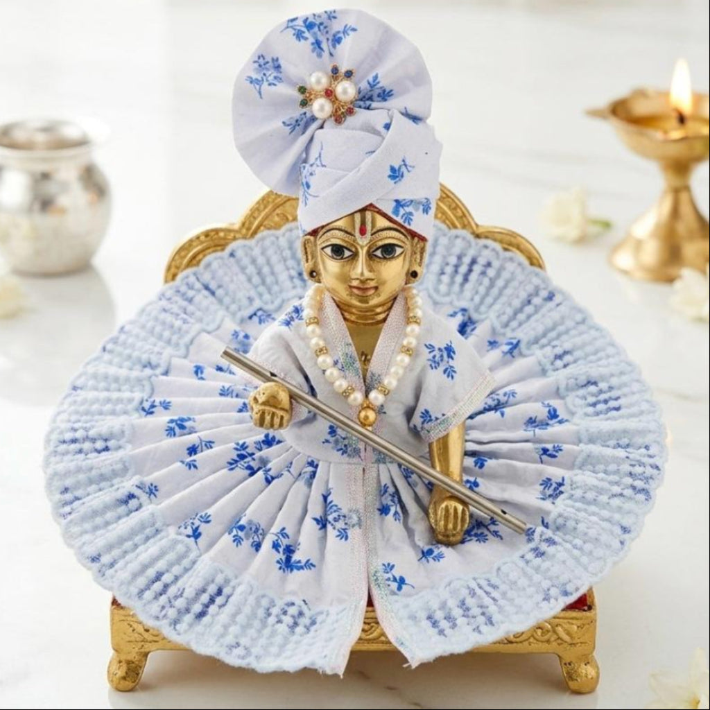 Kunj Vihar White and Blue Floral Cotton Laddu Gopal Dress with Matching Mukut Poshak Set