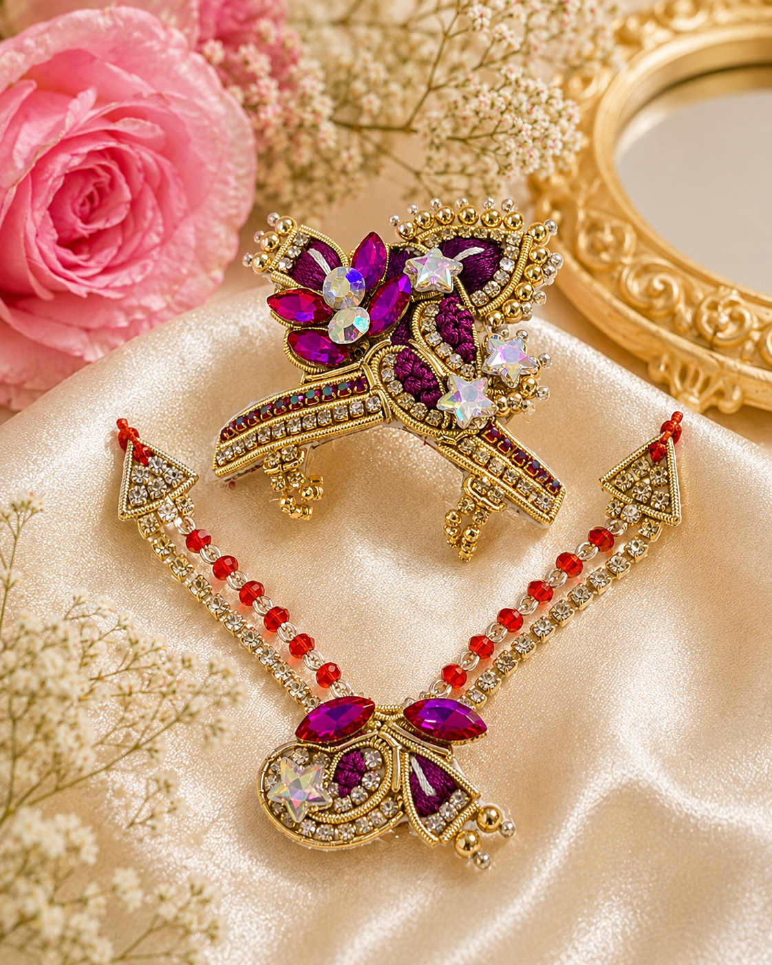 Royal Magenta & Gold Ladoo Gopal Mukut Mala Set
